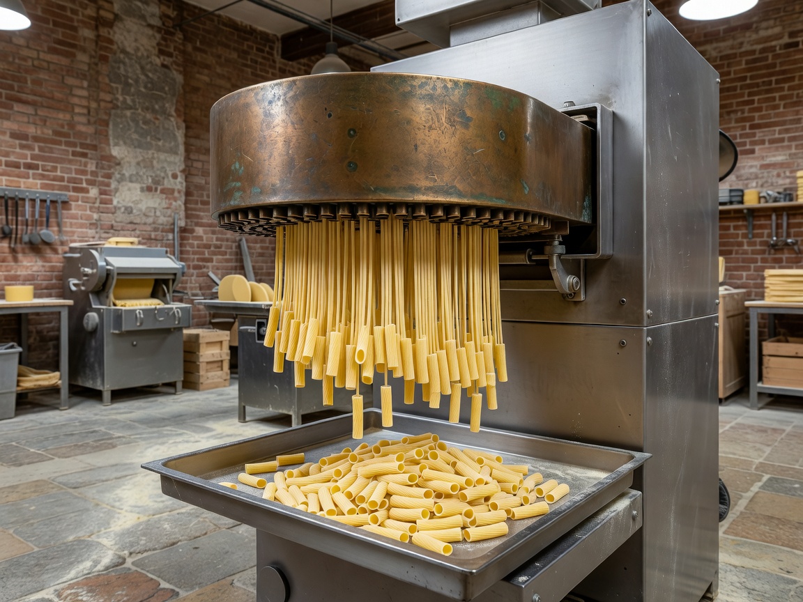Pasta extrusion equipment with a bronze die forming short pasta in a production workshop