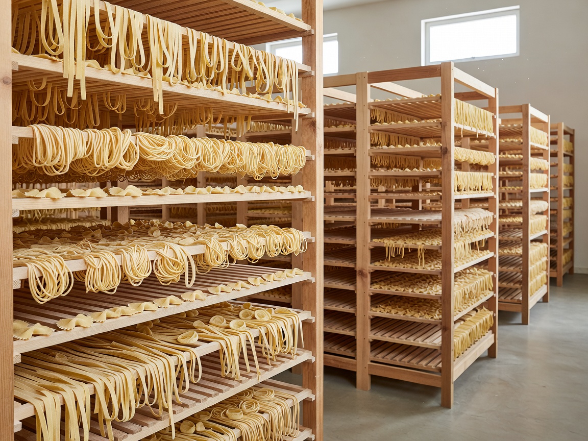 Racks of freshly formed pasta arranged with space for airflow in a specialist drying room