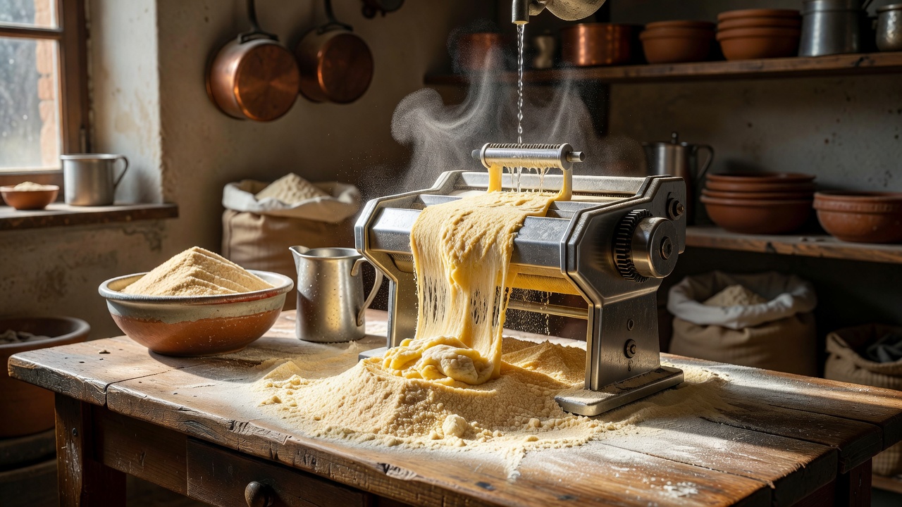 Pasta maker incorporating water into semolina at a workshop mixing bench